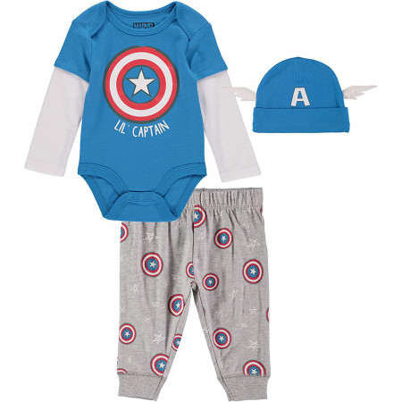Marvel Captain America 3-Piece Infant Bodysuit Pant and Hat Set